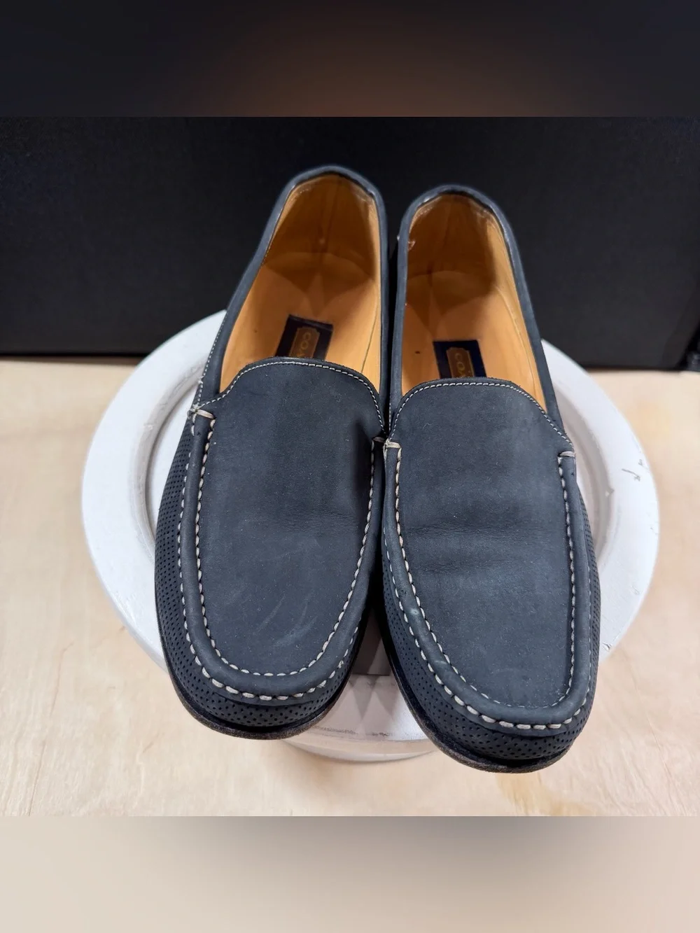 Men’s Coach Blue Leather Moccasin Driving Shoe W/Contrast Stitching Size 7.5